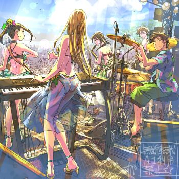 2boys 3girls anklet bikini blonde_hair brown_hair cable concert crowd drum drum_set from_behind green_shorts high_heels holding holding_instrument holding_saxophone instrument jewelry keyboard_(instrument) long_hair multiple_boys multiple_girls music original playing_instrument print_shirt sarong saxophone see-through_clothes see-through_sarong shirt short_hair shorts signature sitting stage standing supe_(yuusyasupepen) swimsuit