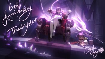 Rule 34 | 2girls, abroccoli, absurdres, anniversary, black shoes, black skirt, breasts, cape, crossed legs, crown, english text, high-waist skirt, highres, holding, holding crown, indie virtual youtuber, indoors, large breasts, long hair, looking at viewer, mother and daughter, multiple girls, orange skirt, otsuka ray, purple eyes, purple hair, red cape, reika (otsuka ray), second-party source, shirt, shoes, signature, sitting on throne, skirt, suspender skirt, suspenders, thighhighs, throne, virtual youtuber, white shirt, white thighhighs