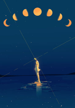 1boy arm_up coat color_contrast full_body glowing hair_slicked_back hand_in_pocket highres limited_palette male_focus moon_phases mountainous_horizon mullet orange-tinted_eyewear reflection reflective_water sky snapping_fingers softymuii solo standing standing_on_liquid star_(sky) starry_sky tinted_eyewear to_be_hero to_be_hero_x white_coat white_hair x_(to_be_hero_x)