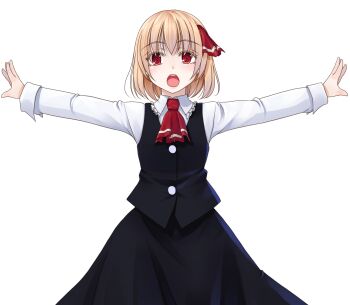 Rule 34 | 1girl, ascot, black skirt, black vest, blonde hair, collared shirt, commentary request, cowboy shot, crote, hair between eyes, highres, large variant set, long sleeves, looking at viewer, open hands, open mouth, outstretched arm, red ascot, red eyes, rumia, shirt, short hair, simple background, skirt, skirt set, solo, tachi-e, teeth, touhou, transparent background, upper teeth only, variant set, vest, white shirt