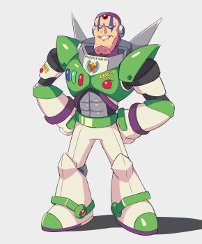 1boy armor buzz_lightyear facial_mark forehead_jewel full_body green_armor highres male_focus mega_man_(series) mega_man_x_(series) no_eyebrows sigma_(mega_man) simple_background smirk solo surrealmason toy_story white_background