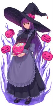 1girl apron black_hat breasts candy fate/grand_order fate_(series) food halloween_bucket hat highres kamo_ashi large_breasts long_hair maid_apron pumpkin purple_hair red_eyes scathach_(fate) scathach_skadi_(fate) solo witch_hat