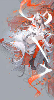 1girl absurdres animal_ear_fluff animal_ears architecture bare_shoulders black_hair black_shoes branch breasts china_dress chinese_clothes closed_mouth clover clover_hair_ornament commentary_request crossed_legs dress droopy_ears east_asian_architecture falling_leaves gradient_hair grey_background hair_ornament hairband head_tilt highres leaf leg_tattoo long_hair looking_at_viewer medium_breasts multicolored_hair pelvic_curtain red_eyes red_hair see-through_horns shoes sitting solo tattoo very_long_hair wanwu_(nighmist) white_dress white_hair white_hairband ye_shunguang zenless_zone_zero