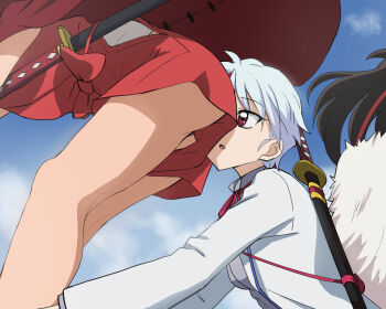 3girls ass black_hair breasts cape capelet cloak clothing_cutout face_in_ass han'you_no_yashahime haruyama_kazunori higurashi_towa hip_vent inuyasha japanese_clothes katana kimono legs looking_at_ass medium_breasts moroha_(inuyasha) multicolored_hair multiple_girls no_panties pussy pussy_peek red_eyes red_hair setsuna_(inuyasha) short_hair shorts siblings sisters sword thighs two-tone_hair upshorts weapon white_hair