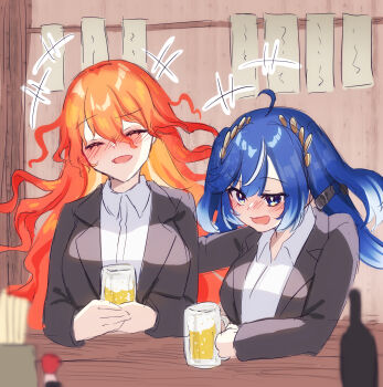 +++ 2girls ahoge alcohol alternate_costume augusta_(wuthering_waves) bar_(place) beer black_jacket blue_eyes blue_hair breasts closed_eyes collared_shirt colored_inner_hair commentary_request cup drunk hair_between_eyes head_wreath highres holding holding_cup iuno_(wuthering_waves) jacket large_breasts medium_breasts multicolored_hair multiple_girls open_mouth orange_hair shirt smile uissu white_shirt wuthering_waves