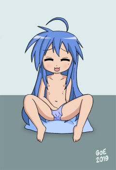 1girl 2019 barefoot blue_hair good_or_evil izumi_konata loli lucky_star mole mole_under_eye nipples nude solo