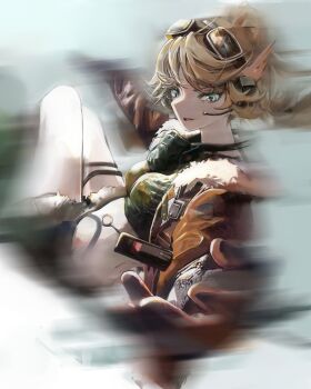 1girl absurdres black_jacket blonde_hair blue_eyes breasts brown_gloves brown_shorts feet_out_of_frame from_side gloves goggles goggles_on_head green_shirt grey_background headset highres huise_songhuadan jacket lilya_(reverse:1999) long_hair mask mask_around_neck medium_breasts midriff motion_blur outstretched_arm oxygen_mask ponytail reverse:1999 shirt shorts solo