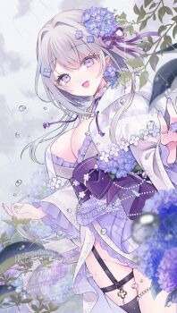 1girl breasts cleavage cloud cloudy_sky earrings flower flower_earrings frills grey_hair hair_flower hair_ornament highres hydrangea japanese_clothes jewelry kimono large_breasts long_hair looking_at_viewer nail_polish obi open_mouth original purple_eyes purple_flower purple_nails purple_sash rain re_f_la ring sash sky smile solo water_drop