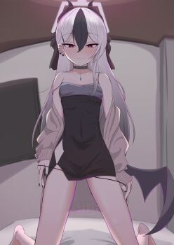 Rule 34 | 1girl, absurdres, arms at sides, bare shoulders, barefoot, black choker, black dress, black hair, black horns, black nails, black panties, black ribbon, blue archive, blush, bright pupils, brown cardigan, cardigan, choker, closed mouth, clothing cutout, collarbone, commentary request, covered navel, demon girl, demon horns, demon wings, double-parted bangs, dress, earrings, eyelashes, gradient hair, grey hair, grey halo, hair behind ear, hair between eyes, hair ribbon, halo, highres, hip vent, horns, indoors, jewelry, kayoko (blue archive), kayoko (dress) (blue archive), kneeling, knees out of frame, long hair, looking at viewer, low wings, mole, mole on neck, multicolored hair, nail polish, official alternate costume, official alternate hairstyle, on bed, open cardigan, open clothes, panties, panty pull, partial commentary, peppo-mk3, pulling own clothes, red eyes, ribbon, short dress, single wing, sleeveless, sleeveless dress, slim legs, smile, solo, spaghetti strap, split mouth, straight-on, strap slip, stud earrings, thighs, tsurime, two-tone hair, underwear, undressing, very long hair, white pupils, wings