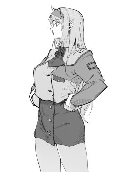 Rule 34 | 1girl, absurdres, ascot, flower, grey eyes, hands on own hips, headgear, highres, kantai collection, long hair, looking to the side, military uniform, monochrome, neck flower, nelson (kancolle), nelson kai (kancolle), pencil skirt, rose, sing152, skirt, solo