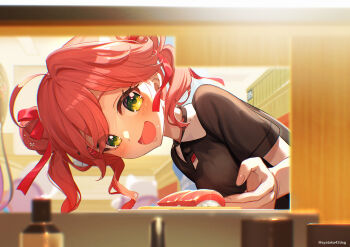 1girl :d ahoge ayataka black_shirt blurry blush breasts depth_of_field fish_(food) food food_on_face green_eyes hair_bun hair_ornament hair_ribbon hairclip highres hololive indoors leaning_forward long_hair looking_at_viewer medium_breasts nigirizushi open_mouth pink_hair red_ribbon ribbon sakura_miko shirt short_sleeves single_side_bun smile solo sushi upper_body virtual_youtuber