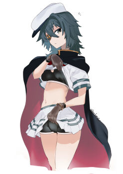 1girl black_cape black_panties black_sports_bra blue_hair boyshort_panties breasts brown_gloves cape clothes_lift commentary_request eyepatch gloves green_eyes hair_between_eyes hat highres kantai_collection kiso_(kancolle) kiso_kai_ni_(kancolle) lifting_own_clothes medium_breasts notice_lines panties red_cape shirt_lift simple_background sirakane_(tigo5115) skirt skirt_lift solo sports_bra stomach twitter_username underwear white_background white_hat white_skirt