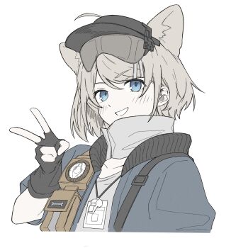 Rule 34 | 1girl, :d, ahoge, almond (arknights), animal ears, arknights, arm at side, bandana, bandana around neck, black gloves, blue eyes, blue jacket, chinese commentary, collared jacket, commentary, cropped torso, dog ears, dog girl, fingerless gloves, flat color, gloves, grey bandana, grey hair, grey shirt, grin, hand up, highres, id card, jacket, kyoro (kyoroillust), lanyard, long sleeves, looking at viewer, mixed-language commentary, open mouth, shirt, short hair, sidelocks, simple background, smile, solo, teeth, v, visor cap, whistle, whistle around neck, white background