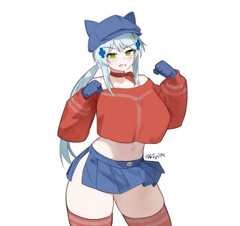 1girl bare_shoulders blue_gloves blue_hat blue_skirt breasts choker clenched_hands clenched_teeth cool_mita_(miside) cool_mita_(miside)_(cosplay) cosplay cowboy_shot crop_top crop_top_overhang d5y0m fake_horns girls'_frontline girls'_frontline_2:_exilium gloves green_eyes hands_up hat highres hk416_(girls'_frontline) horned_hat horns klukai_(girls'_frontline_2) large_breasts long_hair long_sleeves looking_at_viewer low_ponytail midriff miniskirt miside mita_(miside) navel newsboy_cap off-shoulder_sweater off_shoulder pleated_skirt ponytail red_choker red_sweater red_thighhighs ribbon_choker side_slit simple_background skirt solo stomach sweater teeth thighhighs white_background white_hair zettai_ryouiki