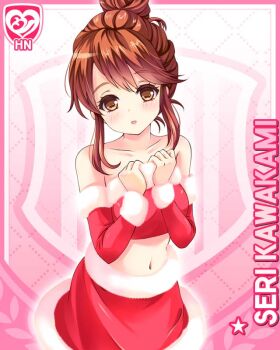 1girl bare_shoulders brown_eyes brown_hair card_(medium) character_name girlfriend_(kari) kawakami_seri looking_at_viewer midriff miniskirt navel official_art pink_background qp:flapper santa_costume skirt solo