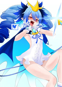 1girl absurdres blue_hair blue_ribbon blush bombergirl breasts brooch center_frills commentary_request crown demon_tail dress drill_hair feet_out_of_frame frills gloves hands_on_own_cheeks hands_on_own_face heart heart-shaped_pupils highres jewelry lewisia_aquablue long_hair looking_at_viewer neck_ribbon open_mouth pointy_ears red_eyes ribbon sasanowa short_dress sideless_dress simple_background small_breasts smile solo spoken_heart symbol-shaped_pupils tail twin_drills white_background white_dress white_gloves