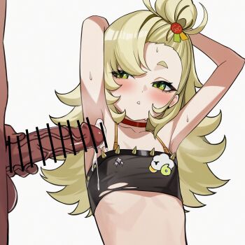 1boy 1girl absurdres armpit_focus armpits bar_censor blonde_hair blush censored commentary crop_top cum cum_on_armpits cum_on_body english_commentary flat_chest green_eyes hair_bun highres loli long_hair looking_at_penis midriff penis piper_wheel senapops sweat zenless_zone_zero