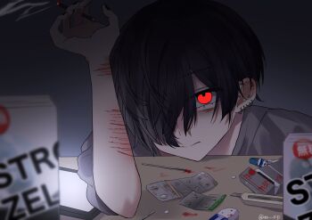 Rule 34 | 1girl, arm up, bags under eyes, black hair, boxcutter, cigarette, dim lighting, drugs, elbow rest, glowing, grey shirt, hashtag-only commentary, highres, holding, holding cigarette, krs rip, leaning forward, original, phone, pill, red eyes, self-harm, shirt, short hair, smoke, smoke trail, solo, wrist cutting