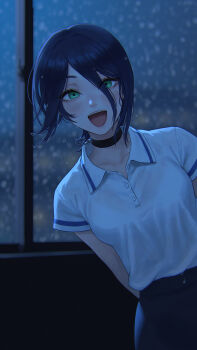 1girl arms_behind_back black_choker blurry blurry_background blush bra bra_visible_through_clothes breasts chainsaw_man choker collared_shirt commentary_request condensation dark green_eyes grenade_pin hair_between_eyes high-waist_pants highres looking_at_viewer open_mouth pants polo_shirt purple_hair reze_(chainsaw_man) shirt short_sleeves smile solo teeth umigraphics underwear upper_teeth_only wet wet_clothes white_bra white_shirt