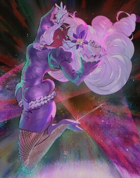 1girl 99933g arms_up ascot dark-skinned_female dark_skin dress fascinator fishnet_pantyhose fishnets frilled_ascot frills full_body glint gloves hair_ornament high_heels highres jacinthe_(pokemon) juliet_sleeves legs_up long_hair long_sleeves looking_at_viewer low_drills nintendo open_mouth pantyhose pencil_dress pokemon pokemon_legends:_z-a puffy_sleeves purple_eyes purple_hair purple_light purple_shoes shoes short_dress smile solo teeth upper_teeth_only very_dark_skin