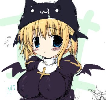 1girl 2000s_(style) bad_id black_dress black_wings blonde_hair blue_eyes blush breasts closed_mouth commentary_request cross deviruchi_hat dress expressionless hat head_wings impossible_clothes impossible_dress juliet_sleeves large_breasts long_sleeves looking_at_viewer oekaki priest_(ragnarok_online) puffy_sleeves ragnarok_online shigeryun short_hair solo upper_body wings