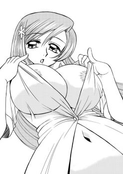 1girl 2010 bleach breasts cleavage clothes_pull hair_ornament huge_breasts inoue_orihime long_hair monochrome navel nipple_slip nipples no_bra open_clothes open_shirt satosatosato shirt shirt_pull solo