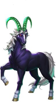 artist_request bicorn_(creature) bicorn_(megami_tensei) commentary demon_(megami_tensei) english_commentary full_body green_horns highres horns no_humans official_art persona persona_5 persona_5:_the_phantom_x red_eyes shin_megami_tensei simple_background solo third-party_source transparent_background white_mane
