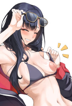 1girl absurdres adjusting_eyewear bikini bikini_top_lift black_bikini black_hair black_jacket blue_archive breasts brown-framed_eyewear closed_eyes clothes_lift commentary eyewear_on_head grin highres ichika_(blue_archive) ichika_(swimsuit)_(blue_archive) inverted_nipples jacket lifting_own_clothes long_hair medium_breasts navel official_alternate_costume one_breast_out simple_background smile solo sunglasses swimsuit tacoo_ji upper_body white_background