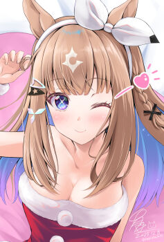 Rule 34 | 1girl, almond eye (umamusume), alternate costume, animal ears, blush, bow hairband, breasts, cleavage, closed mouth, comiket 107, commentary request, dress, fur trim, hairband, highres, horse ears, horse girl, kouzuki hajime, large breasts, looking at viewer, red dress, santa costume, santa dress, sleeveless, sleeveless dress, smile, solo, strapless, strapless dress, umamusume, white hairband