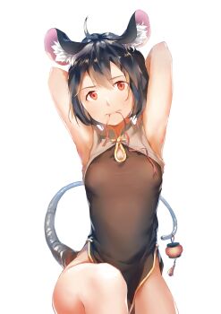 absurdres alternate_costume animal_ears arms_behind_head arms_up black_dress black_hair breasts china_dress chinese_clothes commentary_request dress highres holding holding_with_tail moso_sekai_kyokai mouse_ears mouse_girl mouse_tail mouth_hold nazrin prehensile_tail red_eyes simple_background small_breasts tail touhou white_background