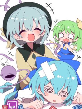 Rule 34 | 1up, 3girls, @ @, bandaid, black hat, blue bow, blue dress, blue hair, blue skirt, blue vest, bow, buttons, cirno, closed eyes, crying, daiyousei, detached wings, diamond button, dress, eyeball, fairy, fairy wings, flying sweatdrops, green hair, green skirt, hair bow, hat, hat ribbon, heart, heart of string, highres, ice, ice wings, komeiji koishi, multiple girls, point item (touhou), power item (touhou), puffy short sleeves, puffy sleeves, ribbon, shirt, short sleeves, skirt, smile, soesoe300, tears, third eye, touhou, vest, white background, white shirt, wings, yellow bow, yellow ribbon, yellow shirt