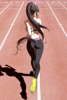 1girl absurdres ass black_hair black_pants blue_archive commentary_request dong_(art_woodong) facing_away from_behind full_body green_shoes halo highres korean_commentary long_hair motion_blur outdoors pants ponytail purple_halo running shoe_soles shoes sneakers solo sports_bra sumire_(blue_archive) very_long_hair white_sports_bra yoga_pants