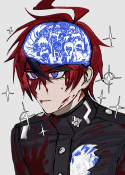 Rule 34 | 6+boys, 6+girls, ahoge, akarinehe, amemiya darumi, aotsuki eito, black jacket, black streaks, blood, blood on face, blue eyes, brain, commentary, english commentary, gakuran, ginzaki shouma, grey background, highres, hole in chest, hole on body, jacket, kirifuji nozomi, last defense academy school uniform, looking ahead, magadori kyoshika, male focus, maruko gaku, mojiro moko, multicolored hair, multiple boys, multiple girls, omokage yugamu, oosuzuki kurara, red hair, school uniform, shion (hundred line), shizuhara hiruko, short hair, sparkle, streaked hair, sumino takumi, the hundred line -last defense academy-, tsukumo ima, tsukumo kako, two-tone hair, upper body, yakushiji takemaru