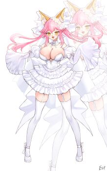 1girl absurdres animal_ears bare_shoulders blush bow breasts choker cleavage detached_sleeves dress estelle8js fang fate/extra fate_(series) flower fox_ears fox_girl full_body garter_straps hair_between_eyes hair_flower hair_ornament highres huge_breasts layered_dress long_hair long_sleeves looking_at_viewer open_mouth pink_hair shoes signature skin_fang sleeves_past_fingers sleeves_past_wrists smile tamamo_(fate) tamamo_no_mae_(fate) thighhighs thighs twintails veil wedding_dress white_background white_bow white_choker white_dress white_flower white_garter_straps white_shoes white_sleeves white_thighhighs white_veil yellow_eyes zoom_layer