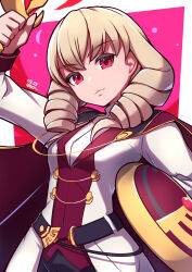 Rule 34 | 1girl, blonde hair, cape, drill hair, erika wagner, highres, holding, holding shield, long hair, looking at viewer, red eyes, shield, short sword, solo, sword, twin drills, twintails, umenodo, under night in-birth, under night in-birth 2 sys:celes, weapon