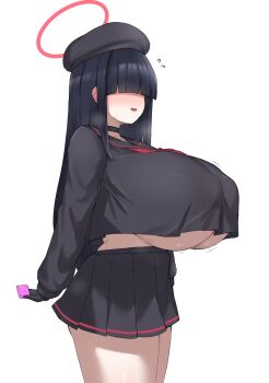 1girl absurdres alternate_breast_size_(larger) black_choker black_hair black_headwear black_shirt black_skirt blue_archive blunt_bangs breasts choker condom condom_wrapper covered_erect_nipples flying_sweatdrops hair_over_eyes halo hat highres huge_breasts justice_task_force_member_(blue_archive) long_hair miniskirt noe_(ppppriver) open_mouth pleated_skirt school_uniform shirt simple_background skirt underboob white_background