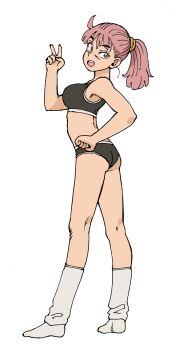 1girl :d ass black_panties black_sports_bra bra breasts brown_eyes from_side full_body hand_on_own_hip hand_up highres ishiguro_masakazu long_hair looking_at_viewer looking_back loose_socks medium_breasts open_mouth original panties pink_hair ponytail simple_background smile socks solo sports_bra standing teeth underwear upper_teeth_only v white_background white_socks