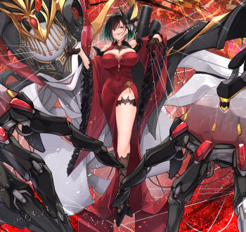 absurdres azur_lane black_gloves black_hair breasts chien_wu_(azur_lane) china_dress chinese_clothes cleavage dress evening_gown full_body gloves hair_ornament hair_over_one_eye highres huge_breasts lace lace_legwear large_breasts long_sleeves medium_hair oriue_wato puppet_strings red_dress robot spider_web_pattern spider_web_print string wide_sleeves