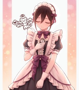Rule 34 | 1girl, absurdres, black hair, bow, bowtie, chinese commentary, closed eyes, commentary, double-parted bangs, english commentary, frills, gloves, hair between eyes, heart, highres, kimi no koto ga dai dai dai dai daisuki na 100-nin no kanojo, maid, maid headdress, meido mei, mixed-language commentary, pigsir13152, puffy short sleeves, puffy sleeves, purple bow, purple bowtie, short hair, short sleeves, simple background, smile, solo, spoken heart, tamagotchi, tamagotchi (creature), white gloves