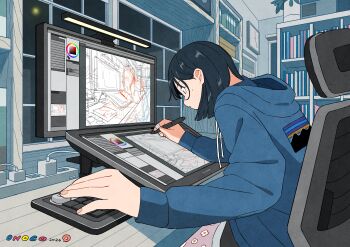 1girl absurdres black_hair blue_coat bookshelf chair coat commentary_request computer fingernails highres holding holding_pen hood hoodie indoors monitor moon night office_chair onoconokoko0625 original pen sitting solo swivel_chair window