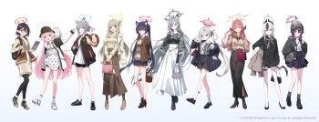 6+girls animal_ears aru_(blue_archive) ayane_(blue_archive) azumi_akitake black_hair black_shoes blue_archive brown_hair brown_pantyhose brown_shoes casual cat_ears cat_girl closed_mouth commentary_request demon_girl demon_horns extra_ears foreclosure_task_force_(blue_archive) full_body glasses grey_hair grey_socks hair_between_eyes halo haruka_(blue_archive) heterochromia highres horns hoshino_(blue_archive) jacket kayoko_(blue_archive) knit_hat long_hair long_skirt long_sleeves looking_at_viewer mismatched_pupils multicolored_hair multiple_girls mutsuki_(blue_archive) nonomi_(blue_archive) official_art open_clothes open_jacket open_mouth pantyhose pink_hair pointy_ears problem_solver_68_(blue_archive) purple_eyes purple_hair red_eyes red_socks serika_(blue_archive) shiroko_(blue_archive) shiroko_terror_(blue_archive) shirt shoes short_hair shorts simple_background skirt smile socks standing two-tone_hair very_long_hair white_background white_hair white_shoes white_socks wolf_ears wolf_girl yellow_eyes