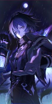 1boy absurdres arm_up black_capelet black_coat black_gloves blue_hair capelet closed_mouth coat collared_capelet commentary cowboy_shot crossed_bangs double-parted_bangs english_commentary flins_(genshin_impact) full_moon genshin_impact gloves hair_between_eyes highres holding holding_lantern lantern long_hair long_sleeves looking_at_viewer male_focus moon outdoors outstretched_arm outstretched_hand ra_nun777 rain solo standing wet wet_hair yellow_eyes