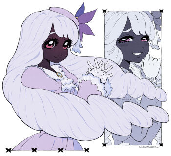 1girl ascot brooch cropped_torso dark-skinned_female dark_skin dress fascinator floating_hair frilled_ascot frills gem gloves grin hair_ornament hands_up highres interlocked_fingers jacinthe_(pokemon) jewelry juliet_sleeves long_sleeves looking_at_viewer low_drills multiple_views nintendo own_hands_together parted_lips pokemon pokemon_legends:_z-a puffy_sleeves purple_dress purple_eyes purple_hair singsingswing2 smile very_dark_skin white_gloves