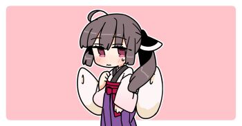 Rule 34 | 1girl, ahoge, blunt bangs, blush, border, brown hair, chibi, chibi only, closed mouth, cowboy shot, hakama, hakama skirt, hand up, headgear, ini (inunabe00), japanese clothes, kimono, kiritanpo (food), long hair, long sleeves, looking at viewer, outline, outside border, pink background, purple skirt, red eyes, simple background, skirt, solo, touhoku kiritan, voiceroid, white border, white kimono, white outline, wide sleeves