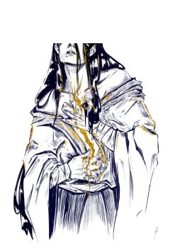 1boy alifreeart bare_shoulders black_hair border chinese_clothes collarbone commentary cowboy_shot english_commentary eyes_out_of_frame gold golden_core hand_on_own_chest hand_on_own_stomach hanfu head_back head_out_of_frame head_tilt highres long_hair long_sleeves male_focus modao_zushi monochrome parted_lips partially_undressed robe sash simple_background solo spoilers spot_color standing upper_body very_long_hair wei_wuxian white_background white_border wide_sleeves