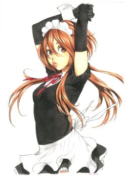 1girl apron ashita_dorobou black_gloves character_request dress elbow_gloves gloves lips long_hair looking_at_viewer maid maid_apron maid_headdress mana30row official_art red_ribbon ribbon simple_background skirt solo white_apron white_background