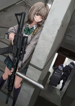 1girl 2boys absurdres assault_rifle ballistic_shield blue_eyes bow bowtie camouflage green_bow green_bowtie grey_jacket gun handgun highres jacket lithographica multiple_boys nervous original plaid_clothes plaid_skirt rifle s.w.a.t. school_shooting school_uniform scope shield short_hair skirt taking_cover weapon