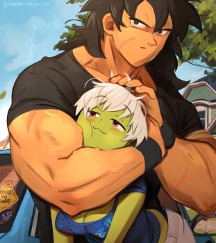 1boy 1girl :3 absurdres ass bandaid bandaid_on_face black_shirt blush breasts broly_(dragon_ball_super) caitvi_like_this_when_(meme) car casual cheelai cleavage collarbone colored_skin day dragon_ball dragon_ball_super dragon_ball_super_broly green_skin grey_hair hair_between_eyes happy headpat highres house khyle. large_breasts long_hair looking_at_viewer meme mirror mordecai_(regular_show) motor_vehicle muscular muscular_male my_little_pony outdoors pink_eyes regular_show rigby_(regular_show) shirt short_hair smile twilight_sparkle veins veiny_arms watermark web_address