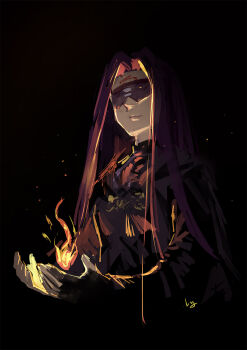 1girl artist_name bad_id bad_pixiv_id blindfold blindfold_mask closed_mouth club3 cupping_hands dark_souls_(series) fate/stay_night fate_(series) female_focus fire fire_keeper hands_up highres long_hair mask medusa_(fate) medusa_(rider)_(fate) own_hands_together purple_hair sidelocks signature solo upper_body