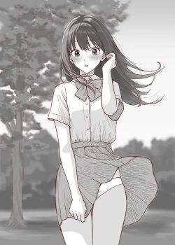 1girl blush bow bowtie collared_shirt commentary_request cowboy_shot day floating_hair greyscale hand_up highres long_hair miniskirt monochrome original outdoors panties pantyshot parted_lips pleated_skirt raisu_rice school_uniform shirt shirt_tucked_in short_sleeves skirt solo standing underwear variant_set wind wind_lift